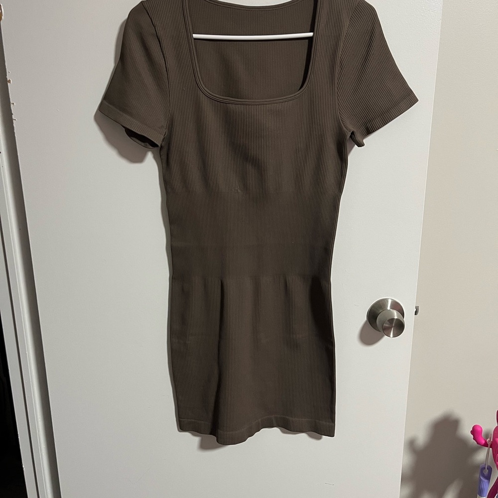 Square Neck Ribbed Bodycon Mini Dress in Brown